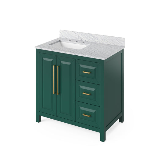 Hardware Resources Jeffrey Alexander Cade Vanities 36" Green Freestanding Vanity With Left Offset, White Carrara Marble Vanity Top, Backsplash and Rectangle Undermount Sink