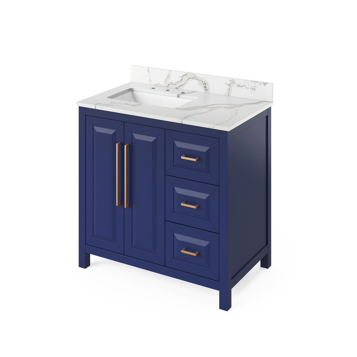 Hardware Resources Jeffrey Alexander Cade Vanities 36" Hale Blue Freestanding Vanity With Left Offset, Calacatta Vienna Quartz Vanity Top, Backsplash and Rectangle Undermount Sink