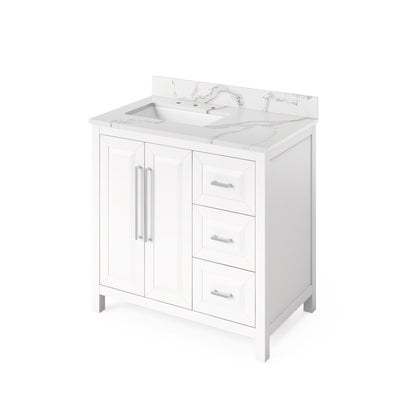 Hardware Resources Jeffrey Alexander Cade Vanities 36" White Freestanding Vanity With Left Offset, Calacatta Vienna Quartz Vanity Top, Backsplash and Rectangle Undermount Sink