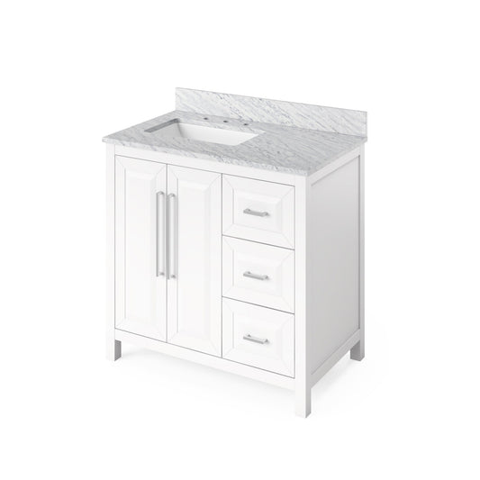 Hardware Resources Jeffrey Alexander Cade Vanities 36" White Freestanding Vanity With Left Offset, White Carrara Marble Vanity Top, Backsplash and Rectangle Undermount Sink