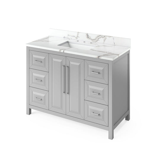 Hardware Resources Jeffrey Alexander Cade Vanities 48" Gray Freestanding Vanity With Calacatta Vienna Quartz Vanity Top, Backsplash and Rectangle Undermount Sink