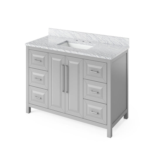 Hardware Resources Jeffrey Alexander Cade Vanities 48" Gray Freestanding Vanity With White Carrara Marble Vanity Top, Backsplash and Rectangle Undermount Sink