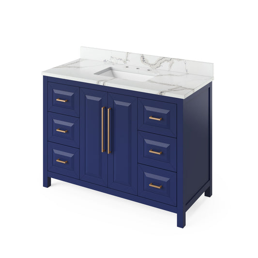 Hardware Resources Jeffrey Alexander Cade Vanities 48" Hale Blue Freestanding Vanity With Calacatta Vienna Quartz Vanity Top, Backsplash and Rectangle Undermount Sink