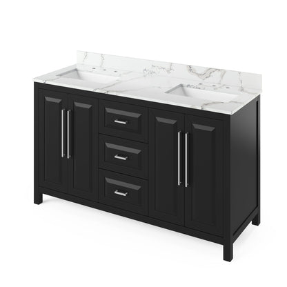 Hardware Resources Jeffrey Alexander Cade Vanities 60" Black Freestanding Vanity With Double Bowl, Calacatta Vienna Quartz Vanity Top, Backsplash and Rectangle Undermount Sink