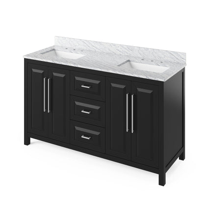 Hardware Resources Jeffrey Alexander Cade Vanities 60" Black Freestanding Vanity With Double Bowl, White Carrara Marble Vanity Top, Backsplash and Rectangle Undermount Sink