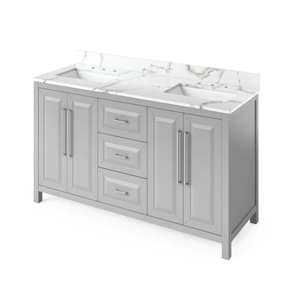 Hardware Resources Jeffrey Alexander Cade Vanities 60" Gray Freestanding Vanity With Double Bowl, Calacatta Vienna Quartz Vanity Top, Backsplash and Rectangle Undermount Sink