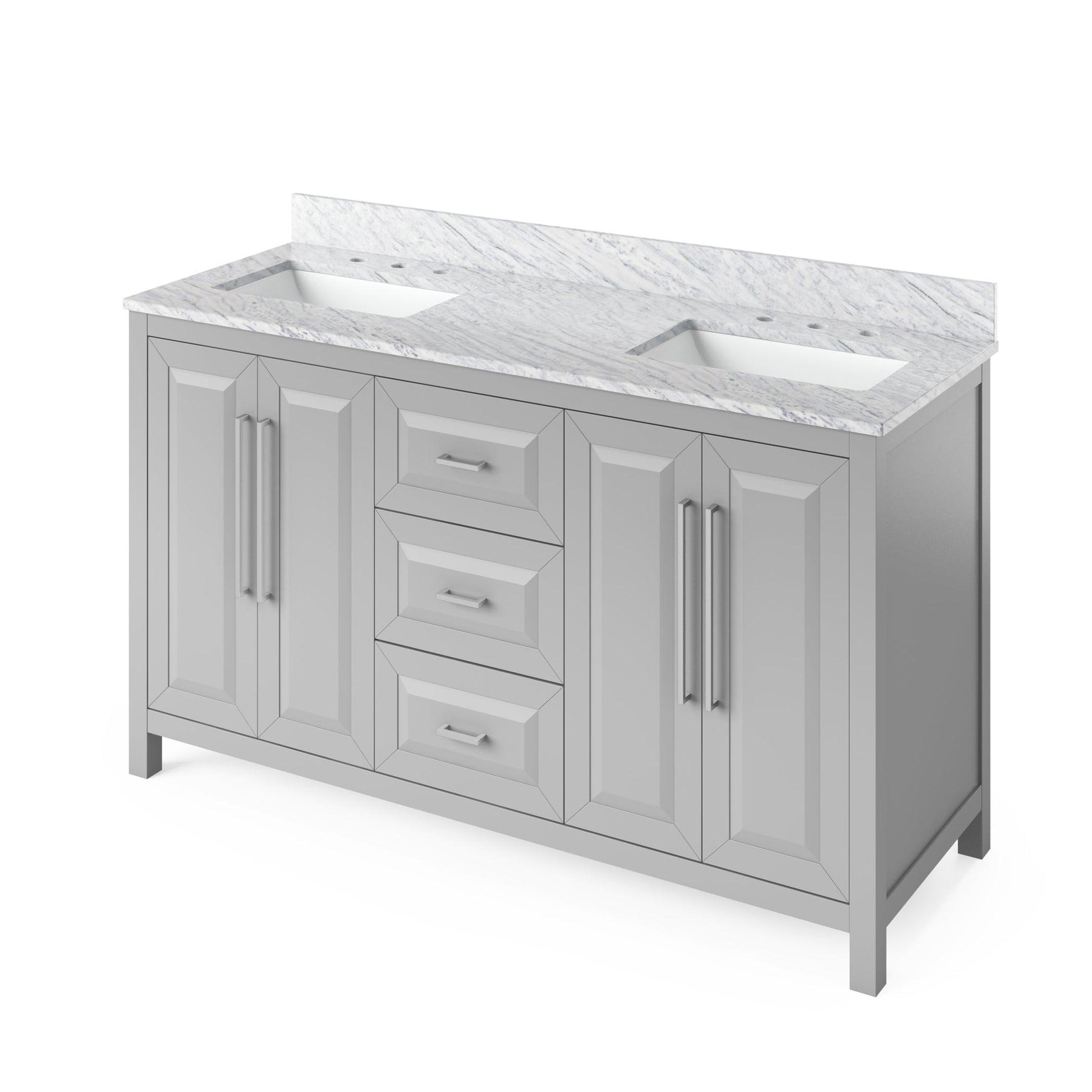 Hardware Resources Jeffrey Alexander Cade Vanities 60" Gray Freestanding Vanity With Double Bowl, White Carrara Marble Vanity Top, Backsplash and Rectangle Undermount Sink