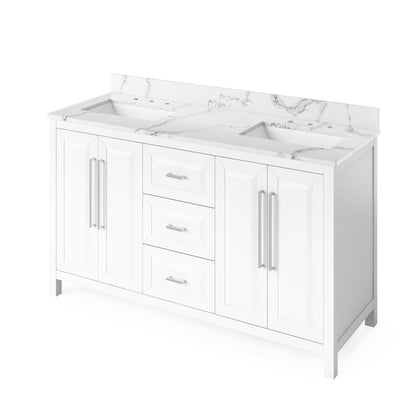 Hardware Resources Jeffrey Alexander Cade Vanities 60" White Freestanding Vanity With Double Bowl, Calacatta Vienna Quartz Vanity Top, Backsplash and Rectangle Undermount Sink