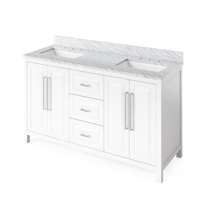 Hardware Resources Jeffrey Alexander Cade Vanities 60" White Freestanding Vanity With Double Bowl, White Carrara Marble Vanity Top, Backsplash and Rectangle Undermount Sink