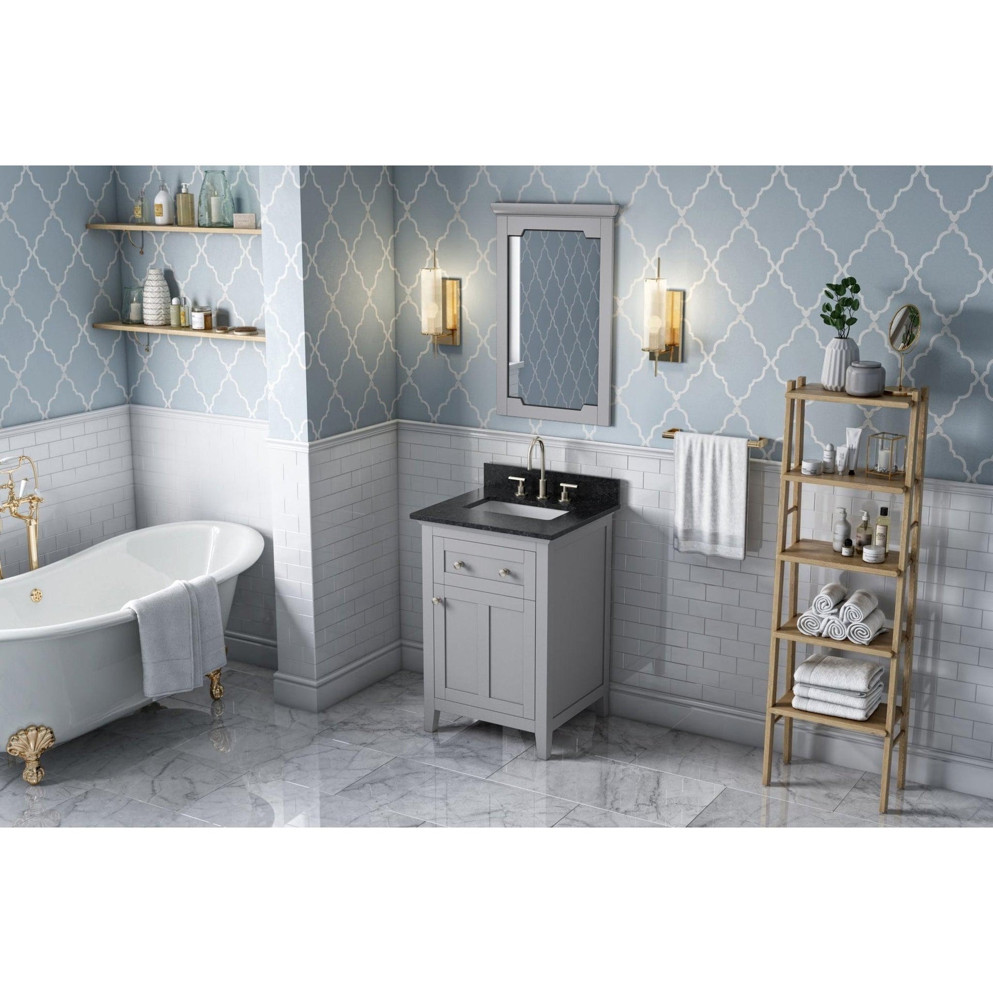 Hardware Resources Jeffrey Alexander Chatham 24" Gray Freestanding Vanity With Black Granite Vanity Top, Backsplash and Rectangle Undermount Sink