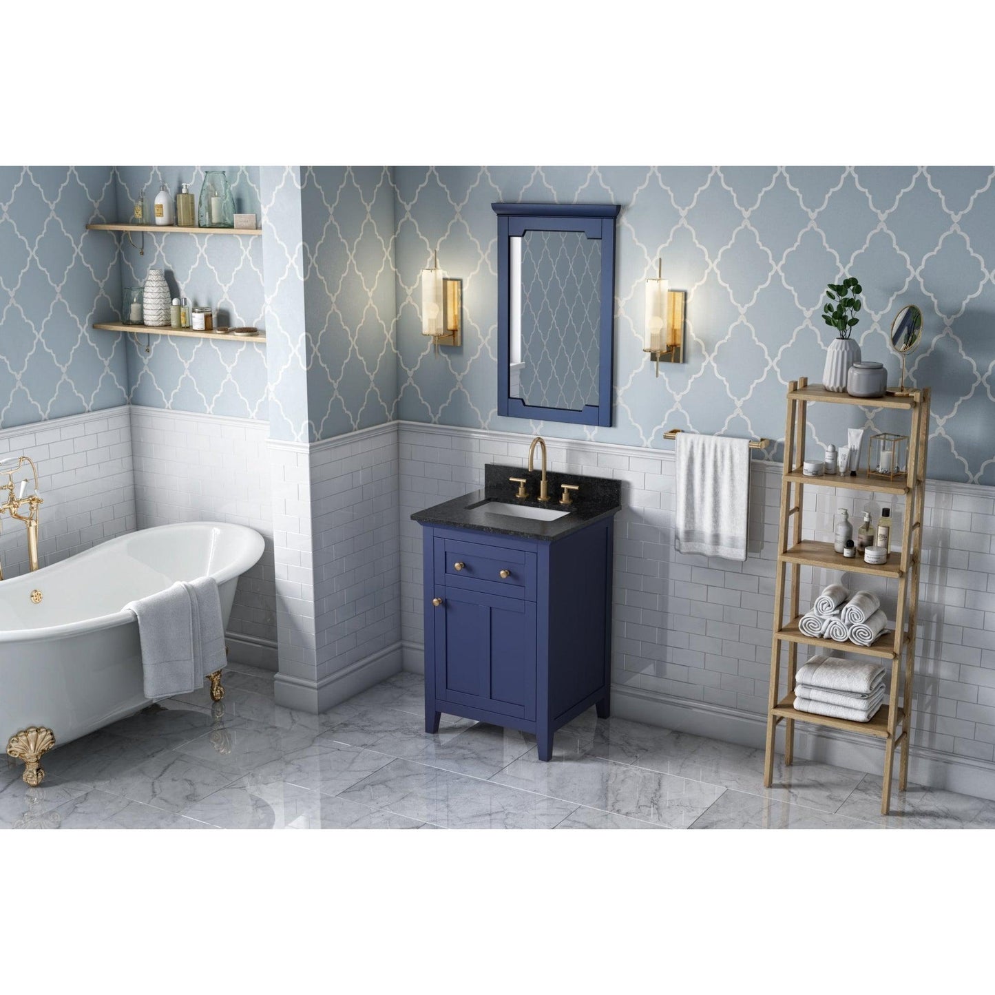 Hardware Resources Jeffrey Alexander Chatham 24" Hale Blue Freestanding Vanity With Black Granite Vanity Top, Backsplash and Rectangle Undermount Sink