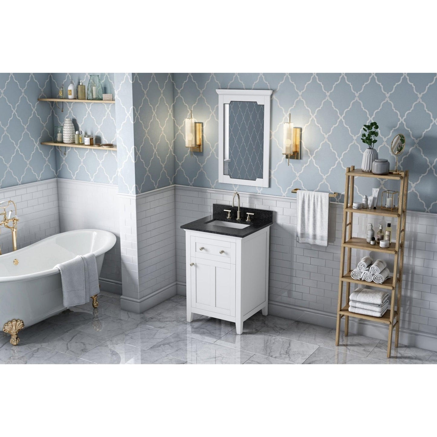 Hardware Resources Jeffrey Alexander Chatham 24" White Freestanding Vanity With Black Granite Vanity Top, Backsplash and Rectangle Undermount Sink