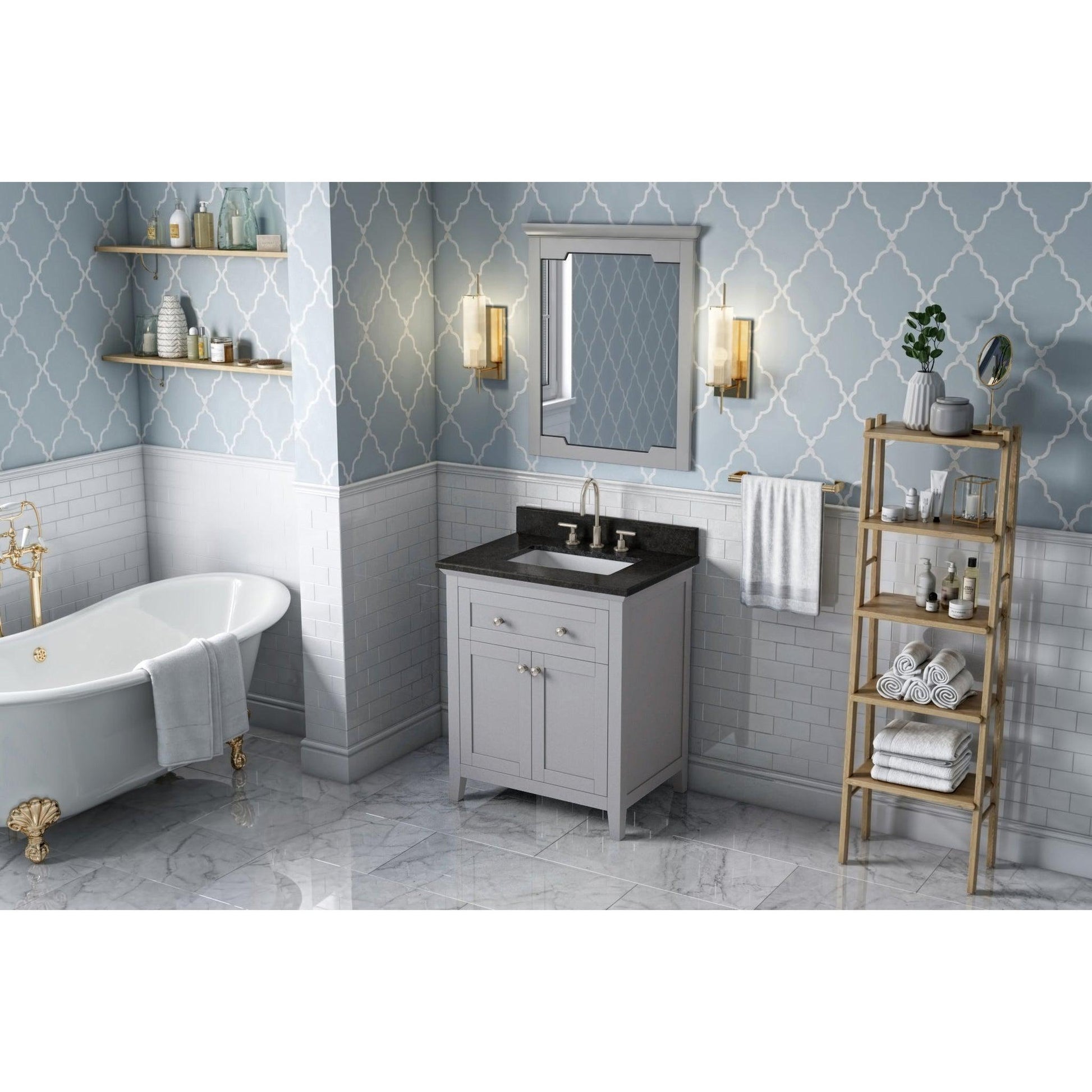 Hardware Resources Jeffrey Alexander Chatham 30" Gray Freestanding Vanity With Black Granite Vanity Top, Backsplash and Rectangle Undermount Sink