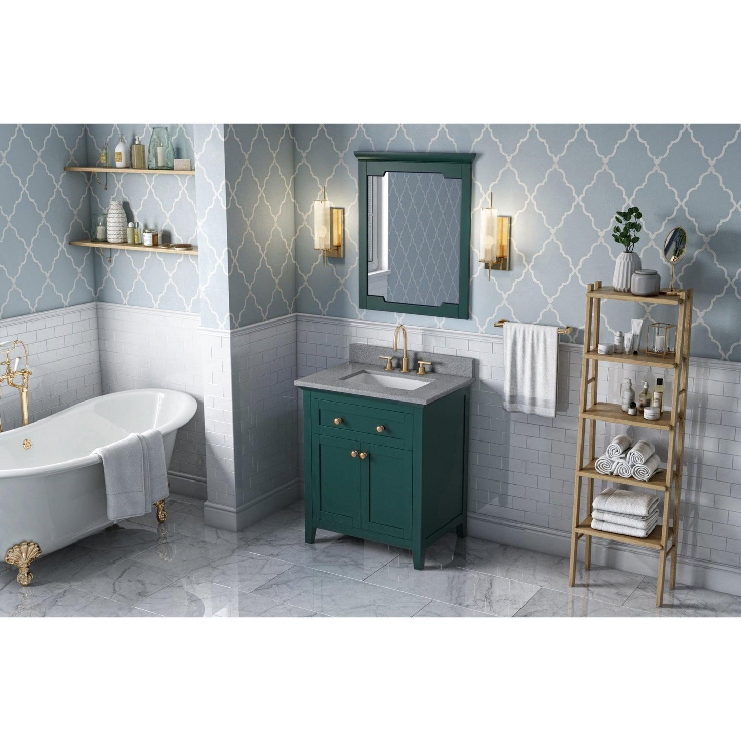 Hardware Resources Jeffrey Alexander Chatham 30" Green Freestanding Vanity With Steel Gray Cultured Marble Vanity Top, Backsplash and Rectangle Undermount Sink