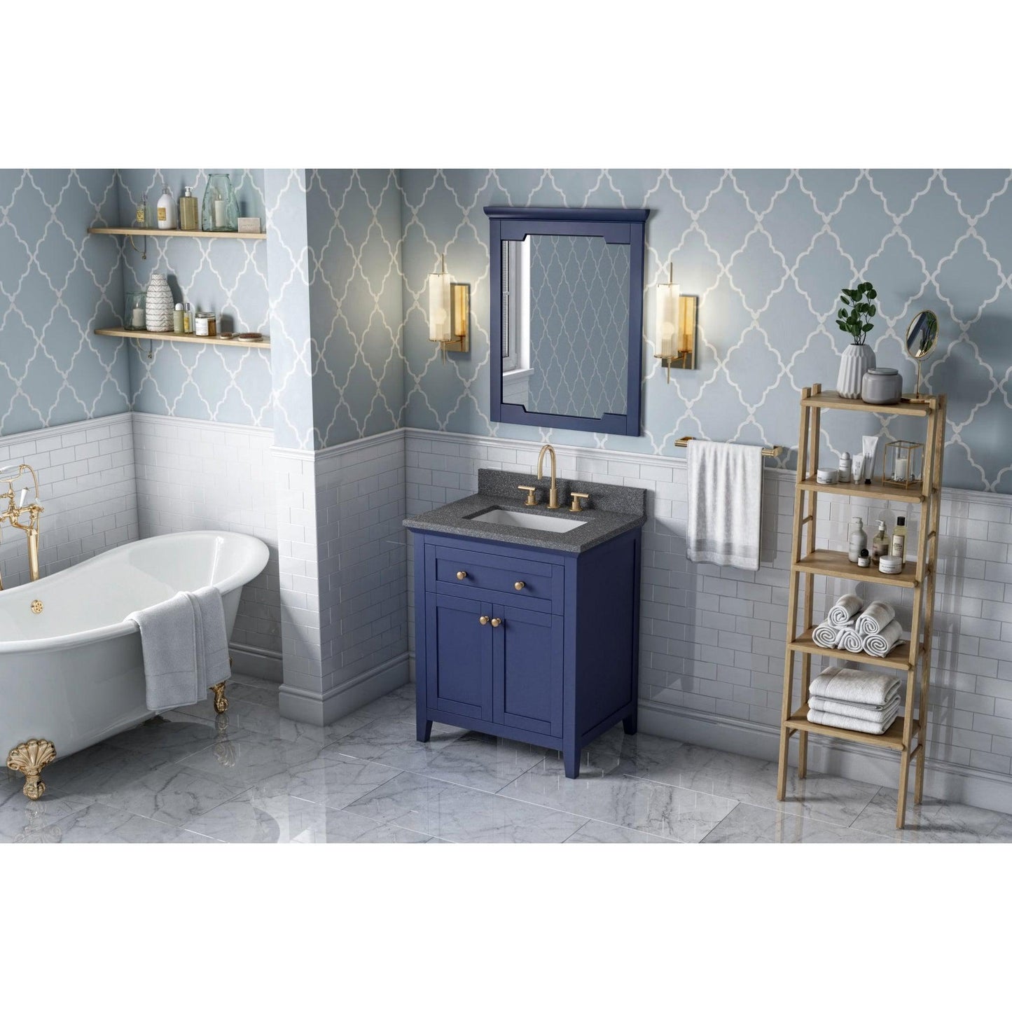 Hardware Resources Jeffrey Alexander Chatham 30" Hale Blue Freestanding Vanity With Boulder Cultured Marble Vanity Top, Backsplash and Rectangle Undermount Sink