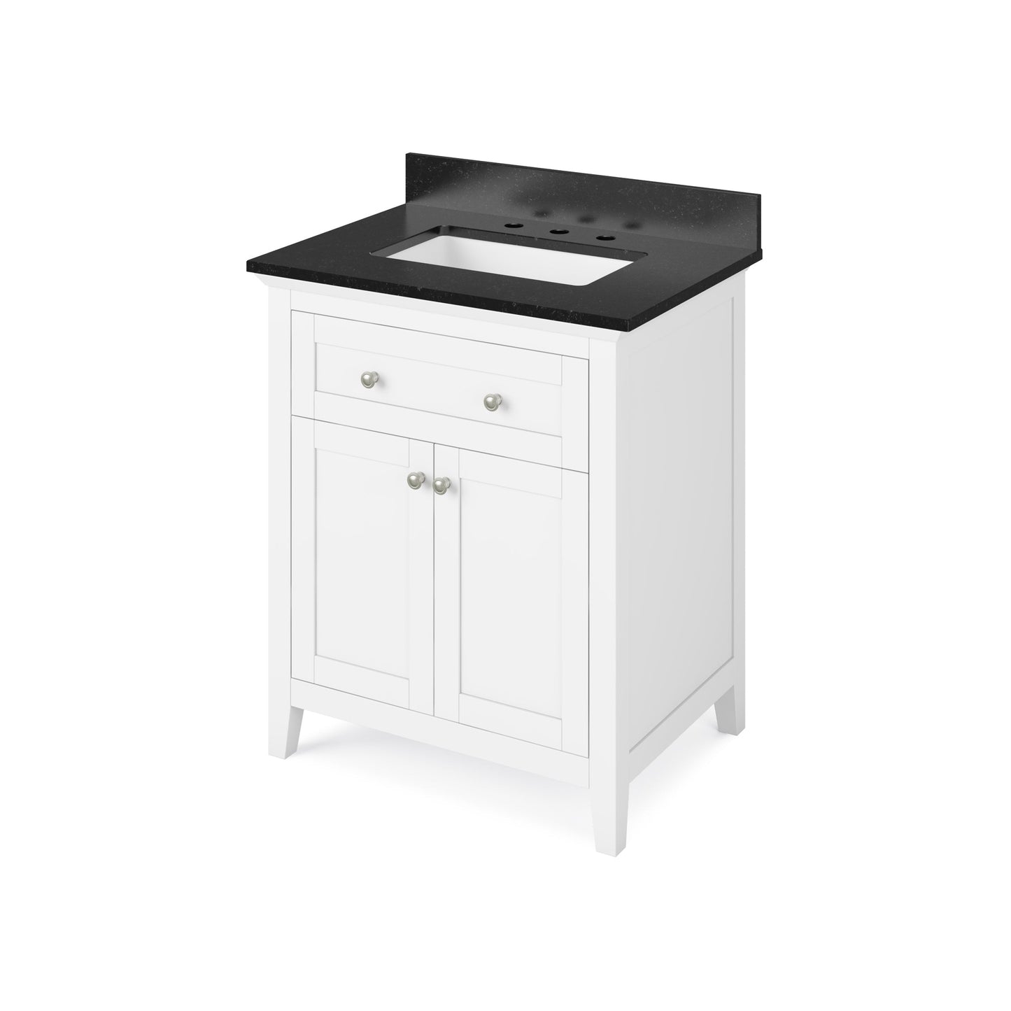 Hardware Resources Jeffrey Alexander Chatham 30" White Freestanding Vanity With Black Granite Vanity Top, Backsplash and Rectangle Undermount Sink