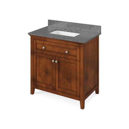 Hardware Resources Jeffrey Alexander Chatham 36" Chocolate Freestanding Vanity With Boulder Cultured Marble Vanity Top, Backsplash and Rectangle Undermount Sink