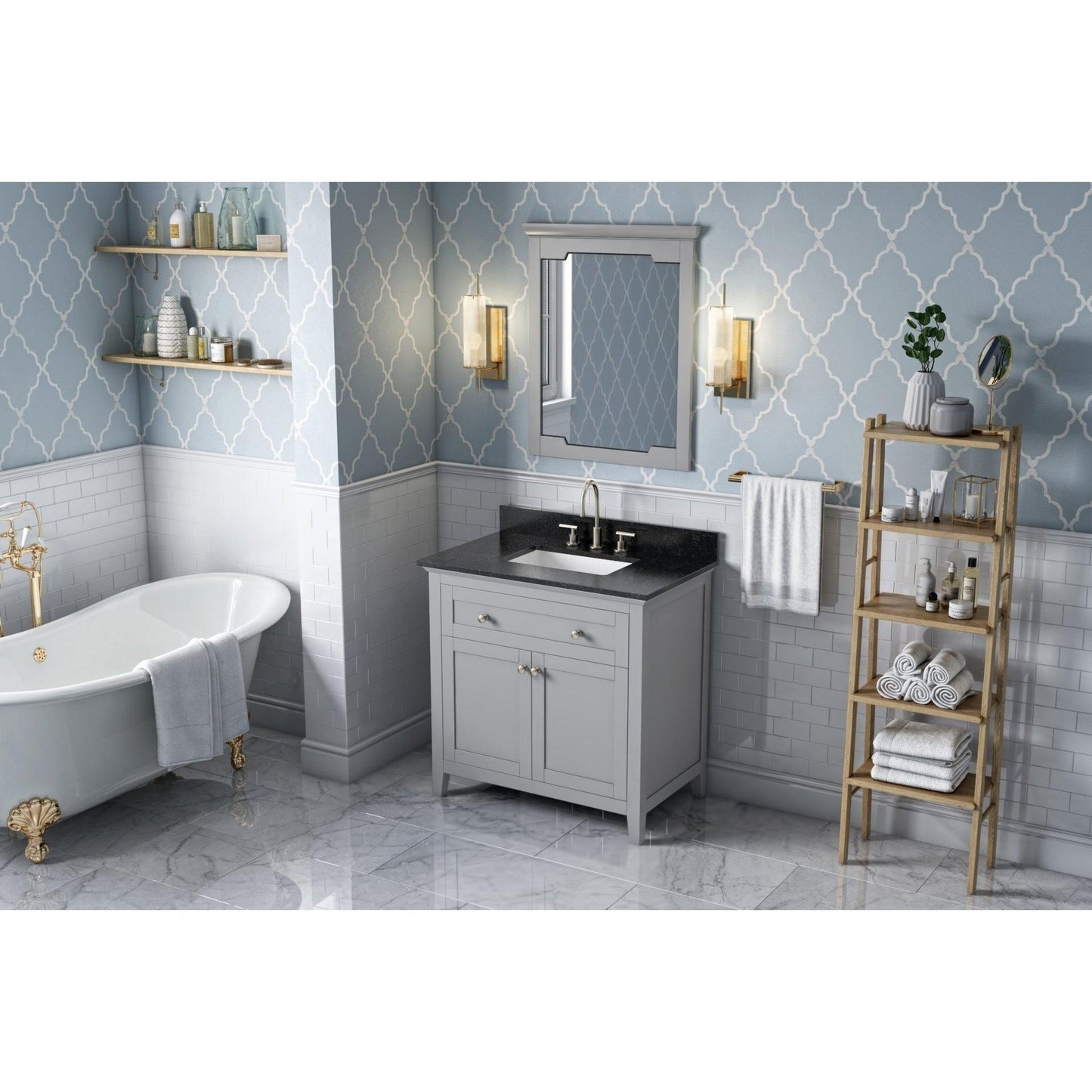 Hardware Resources Jeffrey Alexander Chatham 36" Gray Freestanding Vanity With Black Granite Vanity Top, Backsplash and Rectangle Undermount Sink