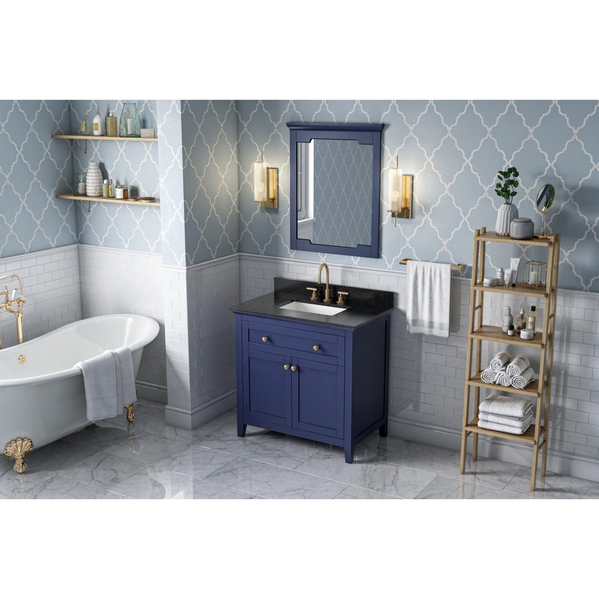 Hardware Resources Jeffrey Alexander Chatham 36" Hale Blue Freestanding Vanity With Black Granite Vanity Top, Backsplash and Rectangle Undermount Sink