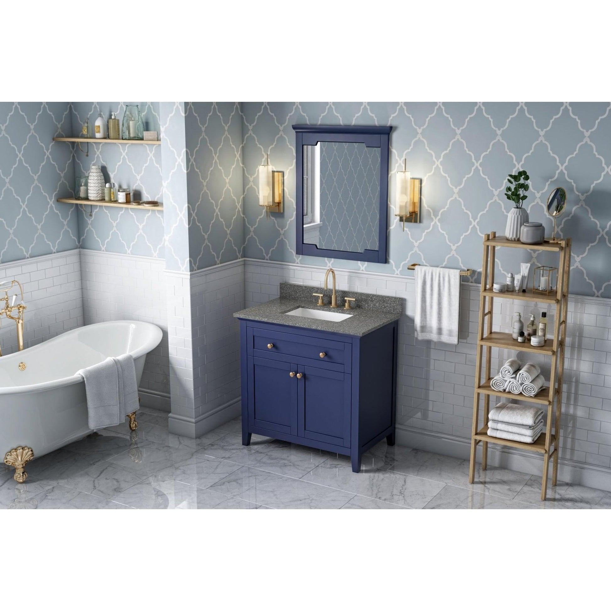 Hardware Resources Jeffrey Alexander Chatham 36" Hale Blue Freestanding Vanity With Boulder Cultured Marble Vanity Top, Backsplash and Rectangle Undermount Sink