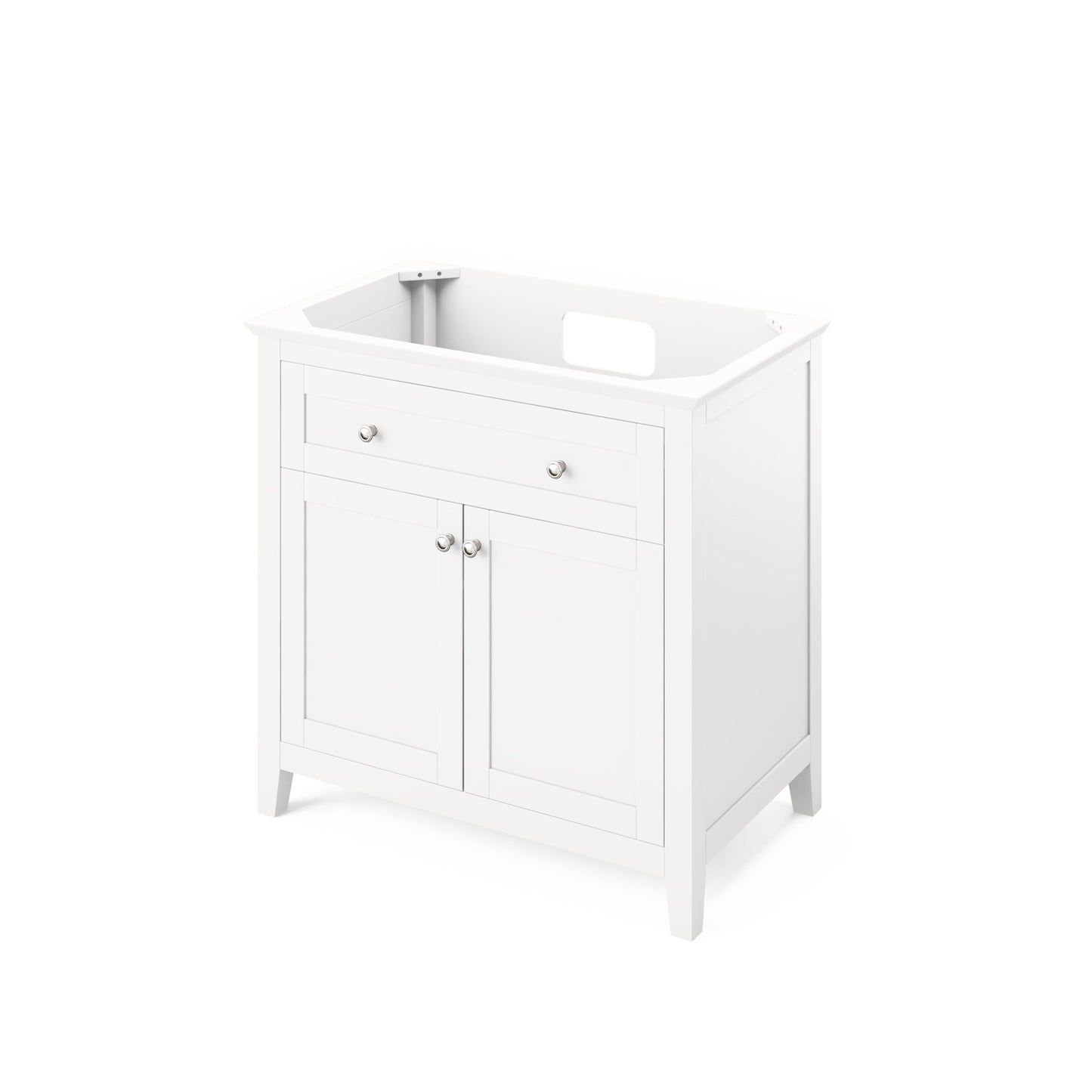 Hardware Resources Jeffrey Alexander Chatham 36" White Freestanding Vanity With Black Granite Vanity Top, Backsplash and Rectangle Undermount Sink