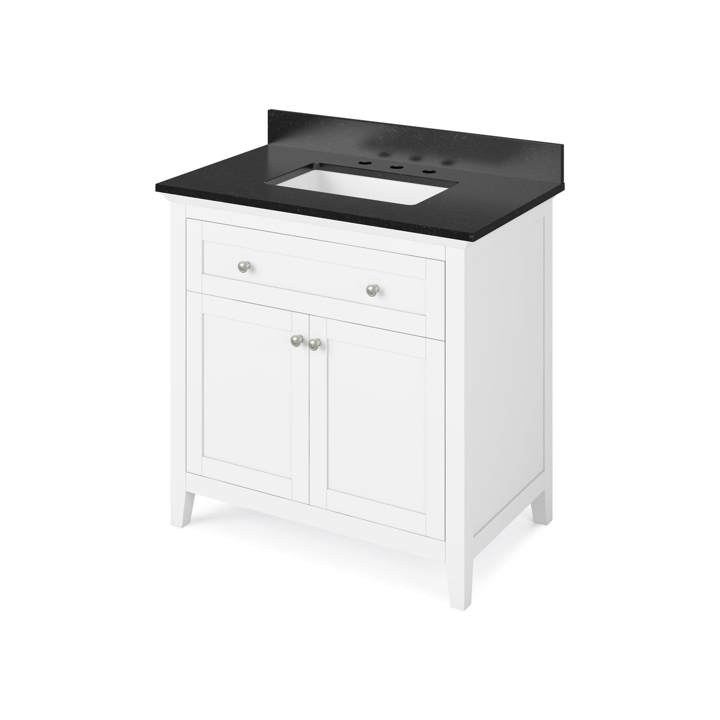 Hardware Resources Jeffrey Alexander Chatham 36" White Freestanding Vanity With Black Granite Vanity Top, Backsplash and Rectangle Undermount Sink