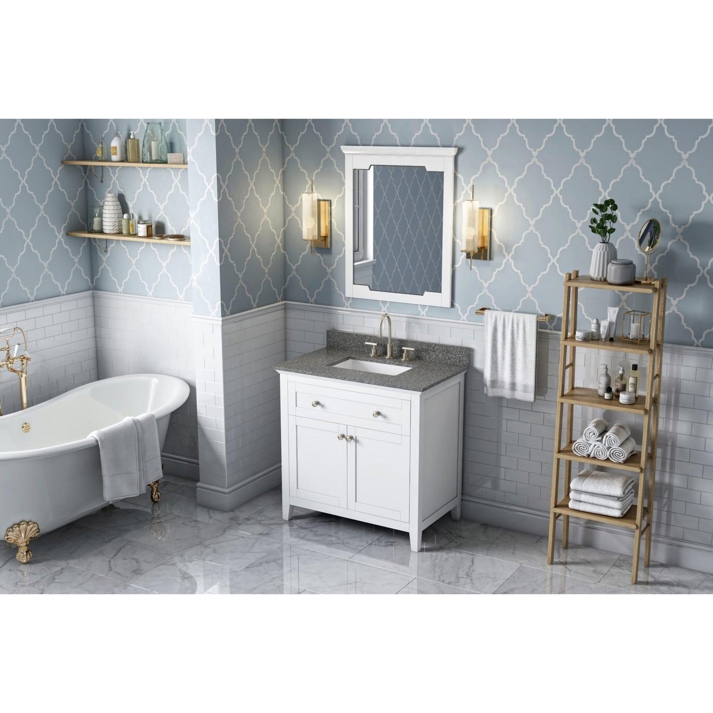 Hardware Resources Jeffrey Alexander Chatham 36" White Freestanding Vanity With Boulder Cultured Marble Vanity Top, Backsplash and Rectangle Undermount Sink