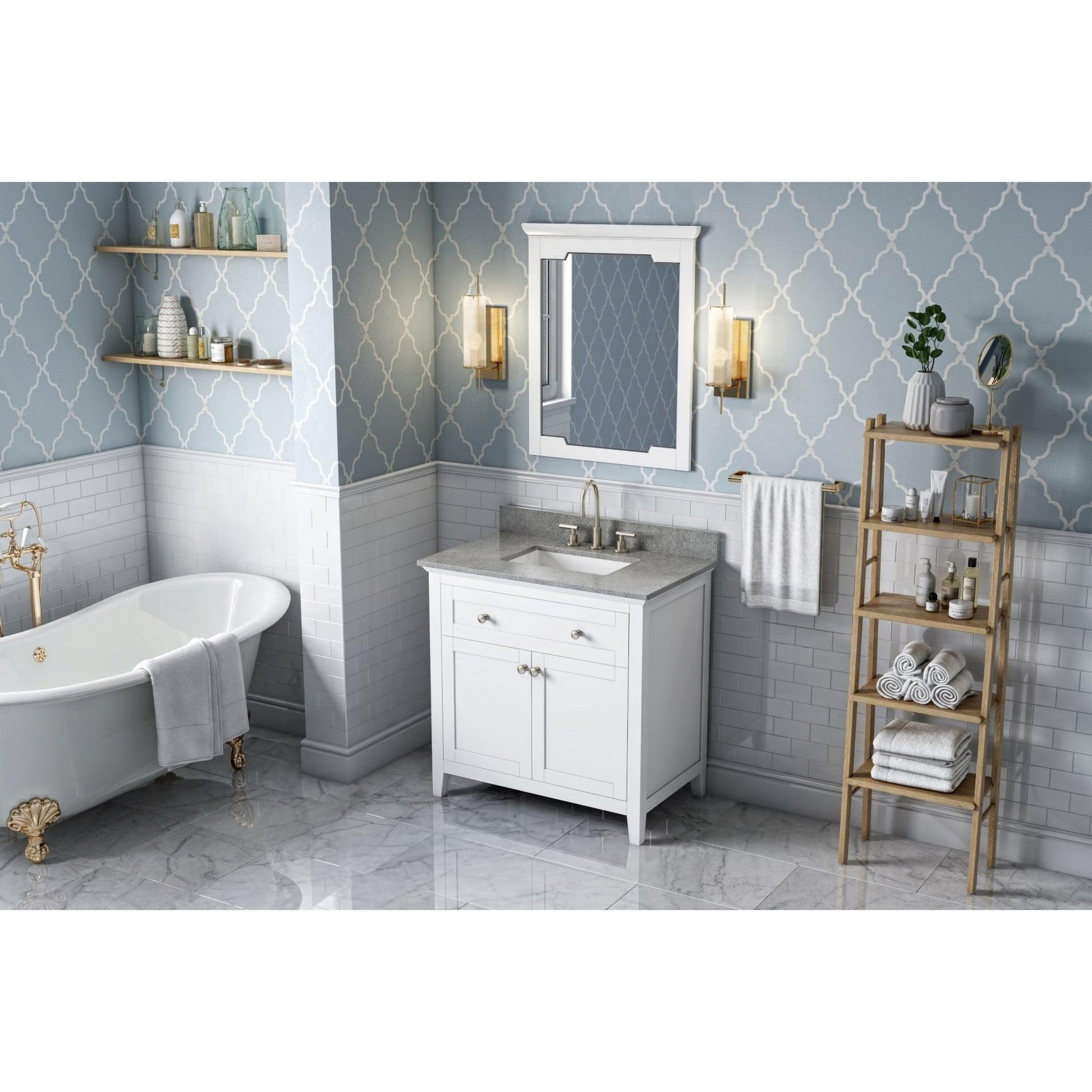 Hardware Resources Jeffrey Alexander Chatham 36" White Freestanding Vanity With Steel Gray Cultured Marble Vanity Top, Backsplash and Rectangle Undermount Sink