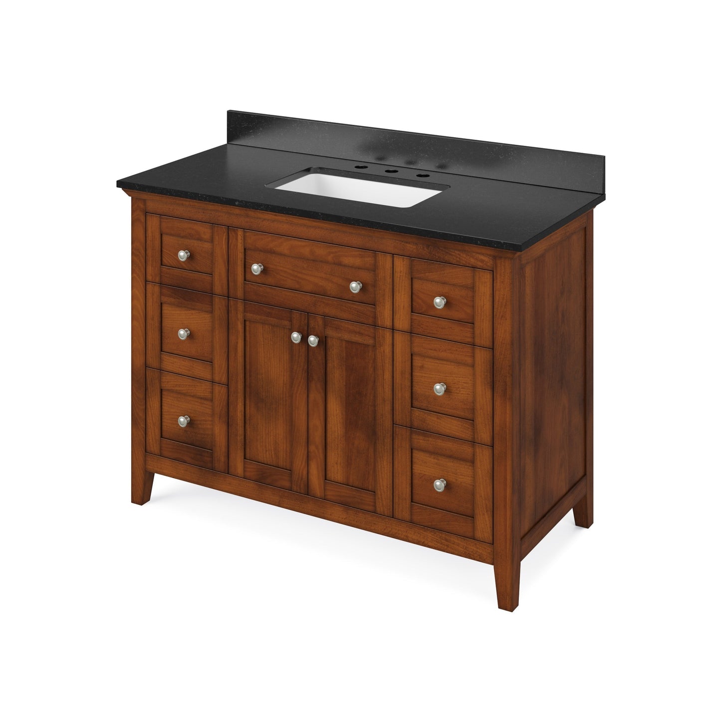 Hardware Resources Jeffrey Alexander Chatham 48" Chocolate Freestanding Vanity With Black Granite Vanity Top, Backsplash and Rectangle Undermount Sink