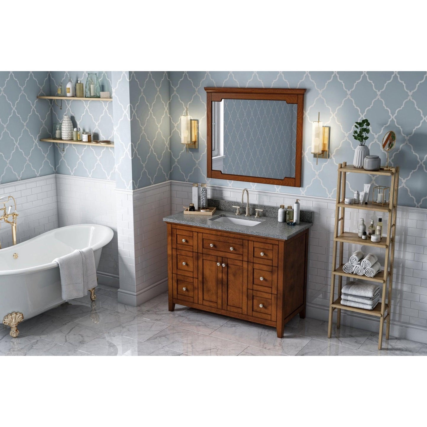 Hardware Resources Jeffrey Alexander Chatham 48" Chocolate Freestanding Vanity With Boulder Cultured Marble Vanity Top, Backsplash and Rectangle Undermount Sink