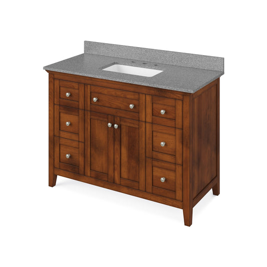 Hardware Resources Jeffrey Alexander Chatham 48" Chocolate Freestanding Vanity With Steel Gray Cultured Marble Vanity Top, Backsplash and Rectangle Undermount Sink