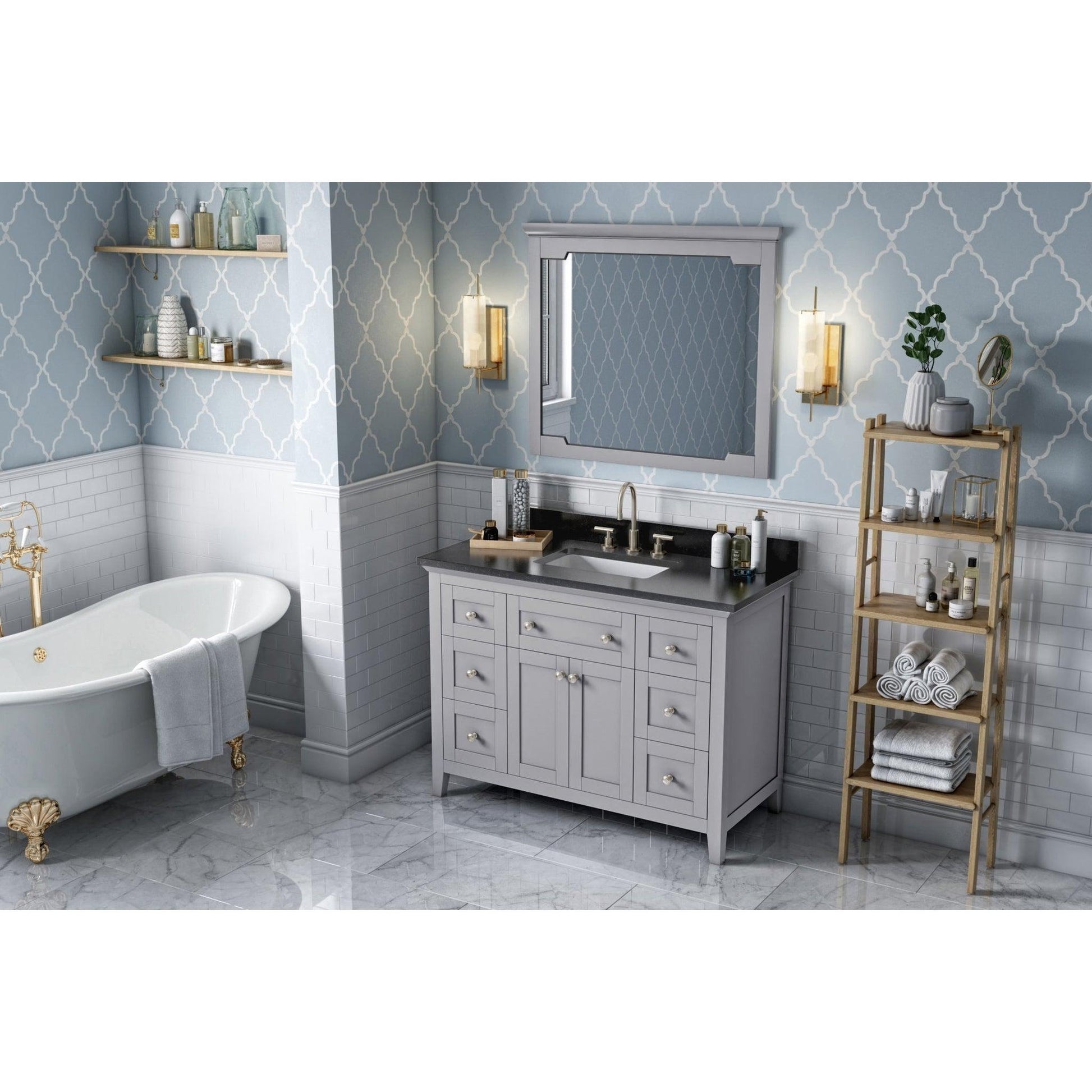 Hardware Resources Jeffrey Alexander Chatham 48" Gray Freestanding Vanity With Black Granite Vanity Top, Backsplash and Rectangle Undermount Sink