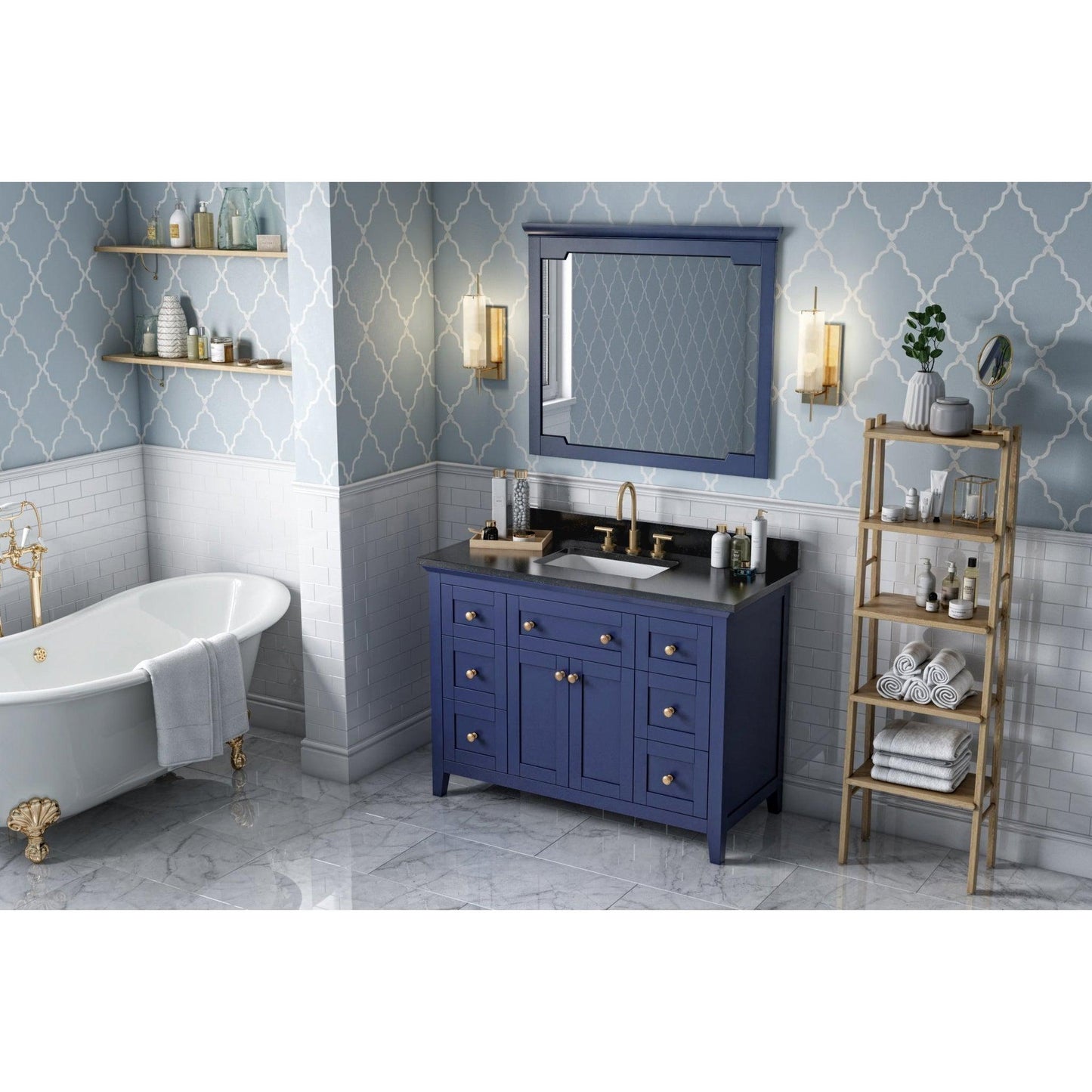 Hardware Resources Jeffrey Alexander Chatham 48" Hale Blue Freestanding Vanity With Black Granite Vanity Top, Backsplash and Rectangle Undermount Sink