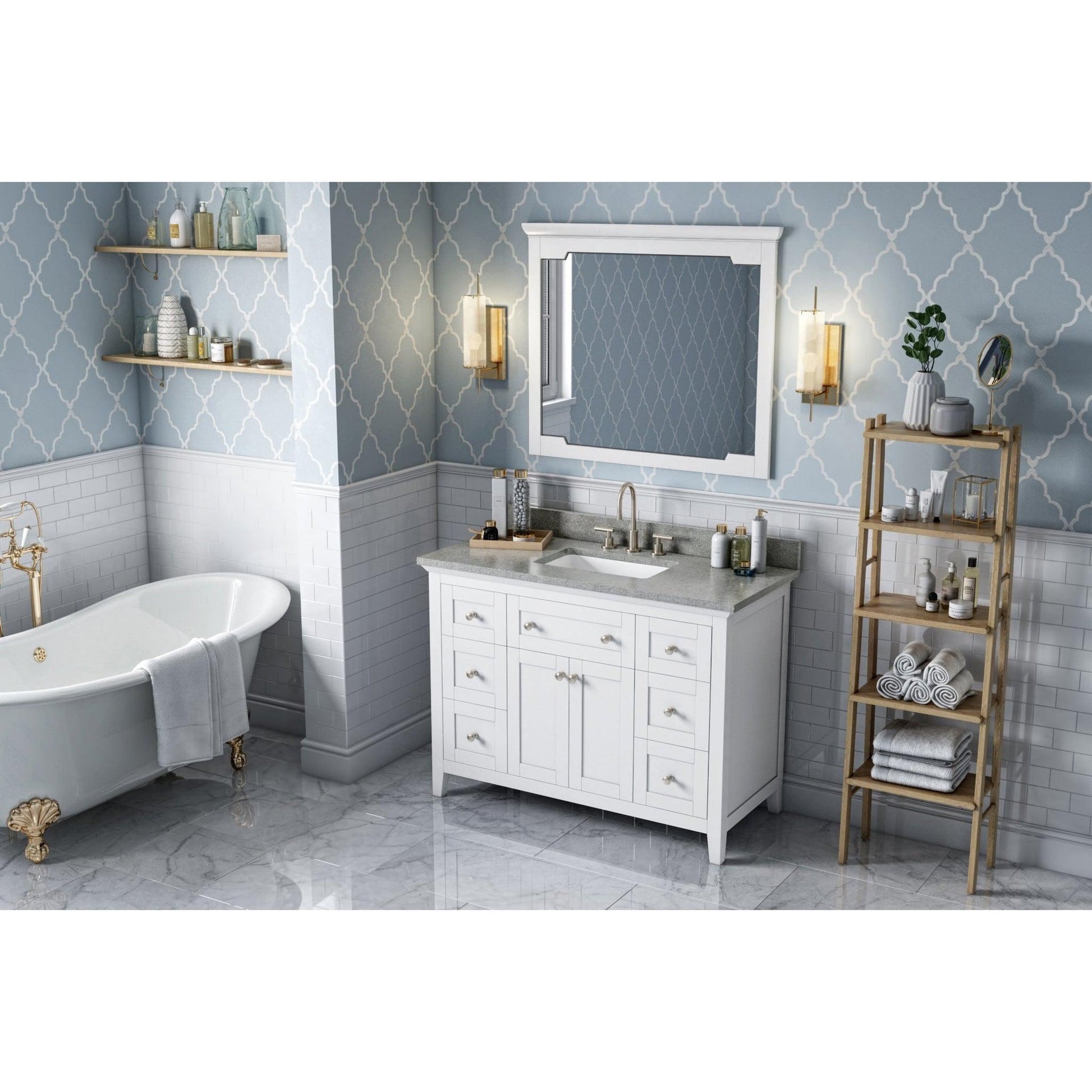 Hardware Resources Jeffrey Alexander Chatham 48" White Freestanding Vanity With Steel Gray Cultured Marble Vanity Top, Backsplash and Rectangle Undermount Sink