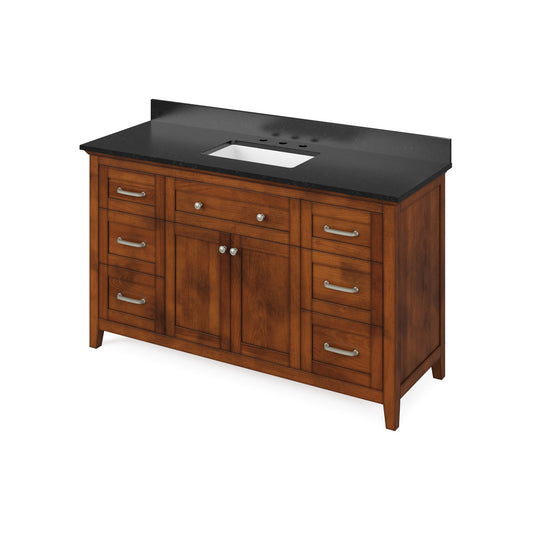 Hardware Resources Jeffrey Alexander Chatham 60" Chocolate Freestanding Vanity With Black Granite Vanity Top, Backsplash and Rectangle Undermount Sink