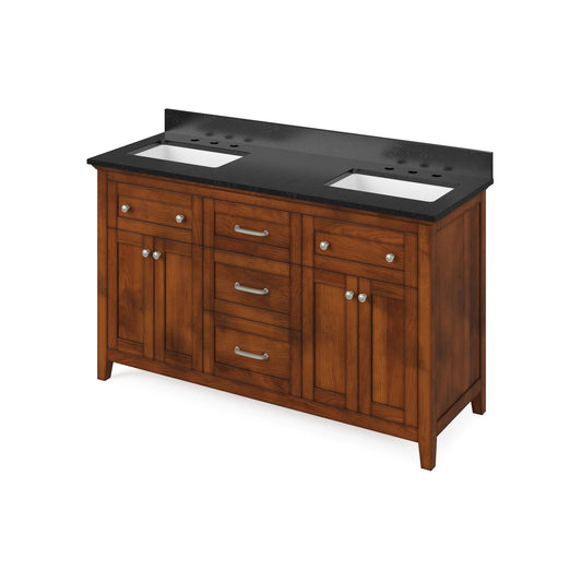 Hardware Resources Jeffrey Alexander Chatham 60" Chocolate Freestanding Vanity With Double Bowl, Black Granite Vanity Top, Backsplash and Rectangle Undermount Sink