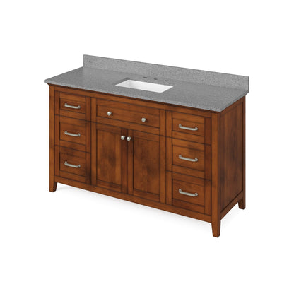 Hardware Resources Jeffrey Alexander Chatham 60" Chocolate Freestanding Vanity With Steel Gray Cultured Marble Vanity Top, Backsplash and Rectangle Undermount Sink