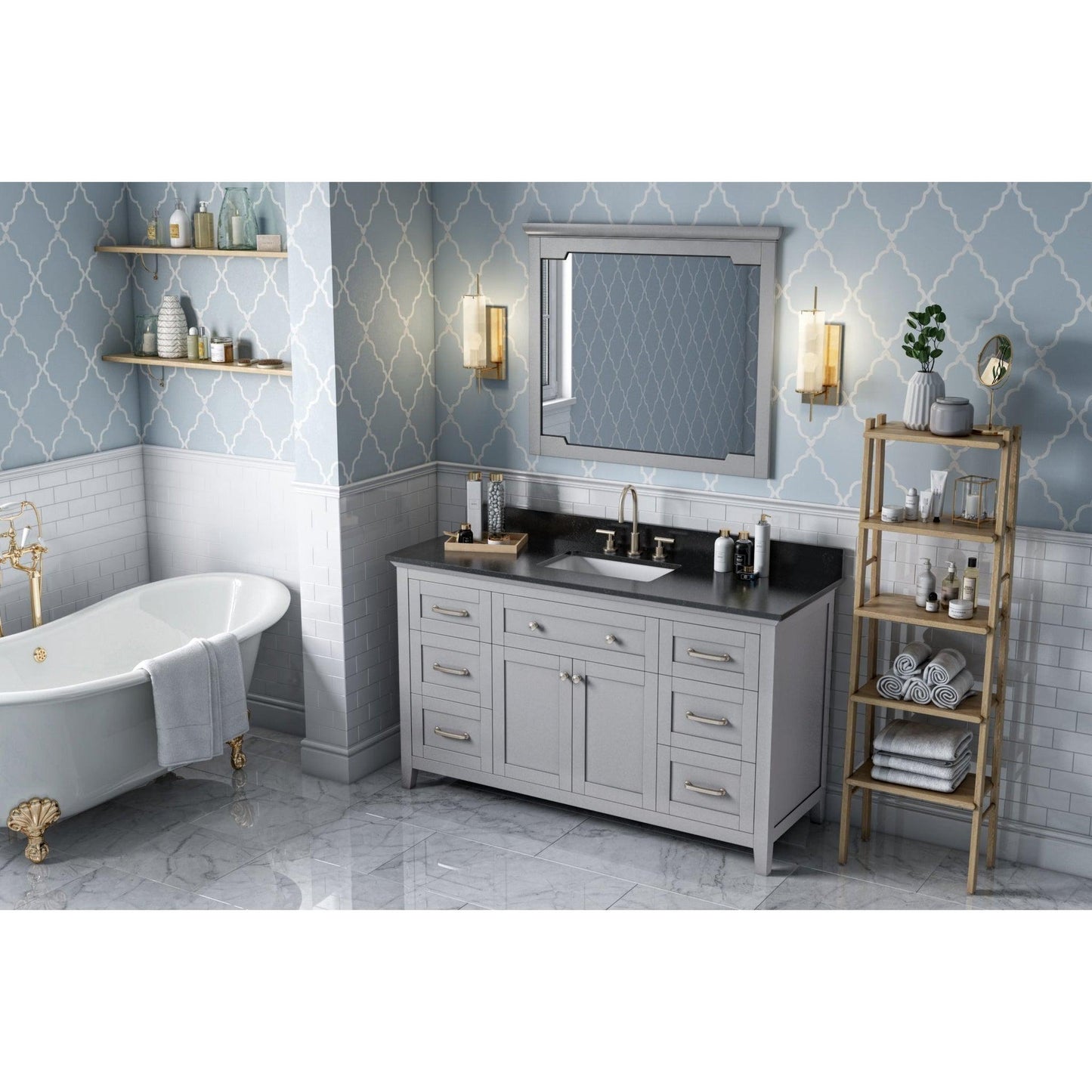 Hardware Resources Jeffrey Alexander Chatham 60" Gray Freestanding Vanity With Black Granite Vanity Top, Backsplash and Rectangle Undermount Sink