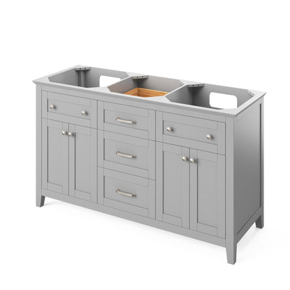 Hardware Resources Jeffrey Alexander Chatham 60" Gray Freestanding Vanity With Double Bowl, Black Granite Vanity Top, Backsplash and Rectangle Undermount Sink