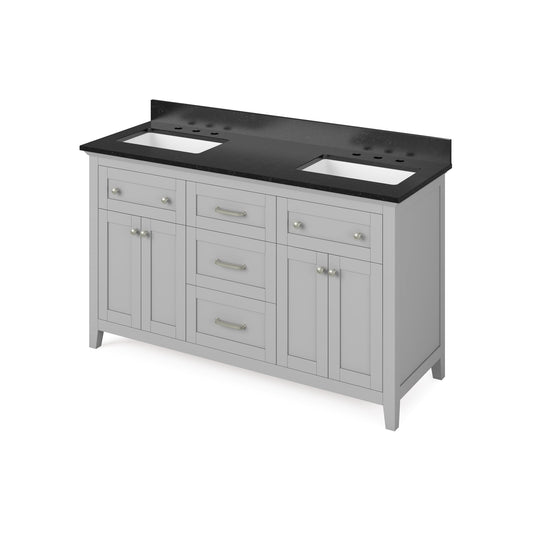 Hardware Resources Jeffrey Alexander Chatham 60" Gray Freestanding Vanity With Double Bowl, Black Granite Vanity Top, Backsplash and Rectangle Undermount Sink