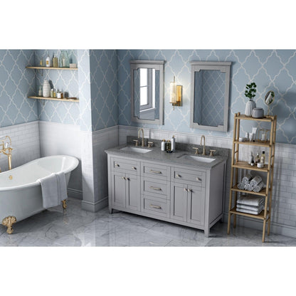 Hardware Resources Jeffrey Alexander Chatham 60" Gray Freestanding Vanity With Double Bowl, Boulder Cultured Marble Vanity Top, Backsplash and Rectangle Undermount Sink