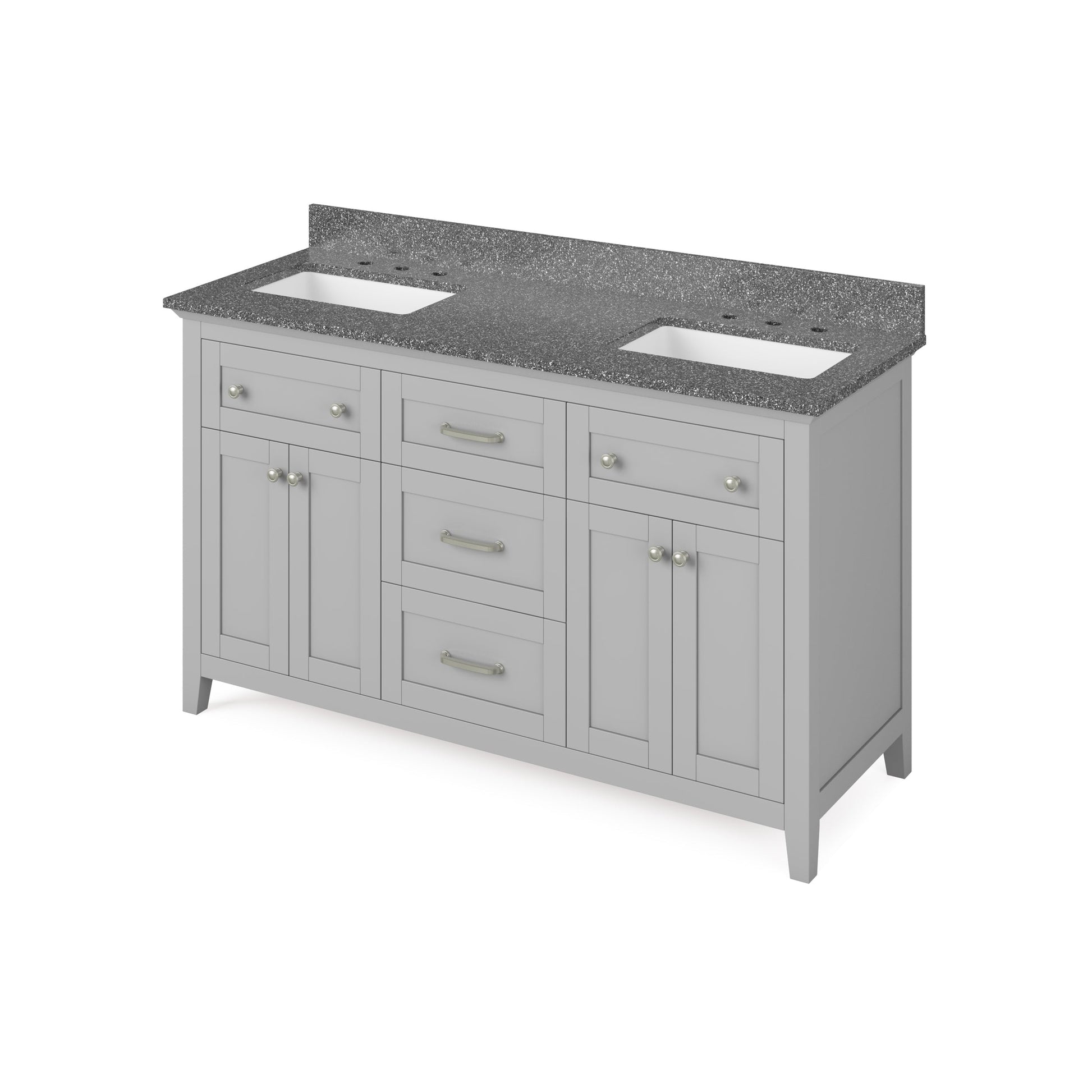 Hardware Resources Jeffrey Alexander Chatham 60" Gray Freestanding Vanity With Double Bowl, Boulder Cultured Marble Vanity Top, Backsplash and Rectangle Undermount Sink