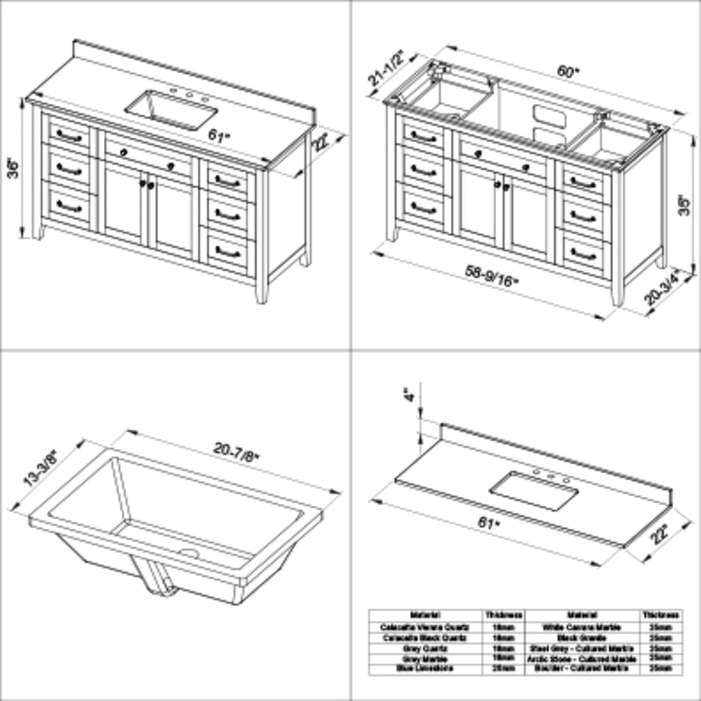 Hardware Resources Jeffrey Alexander Chatham 60" Gray Freestanding Vanity With Steel Gray Cultured Marble Vanity Top, Backsplash and Rectangle Undermount Sink