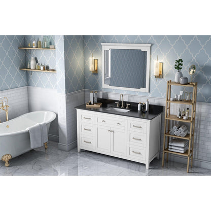 Hardware Resources Jeffrey Alexander Chatham 60" White Freestanding Vanity With Black Granite Vanity Top, Backsplash and Rectangle Undermount Sink