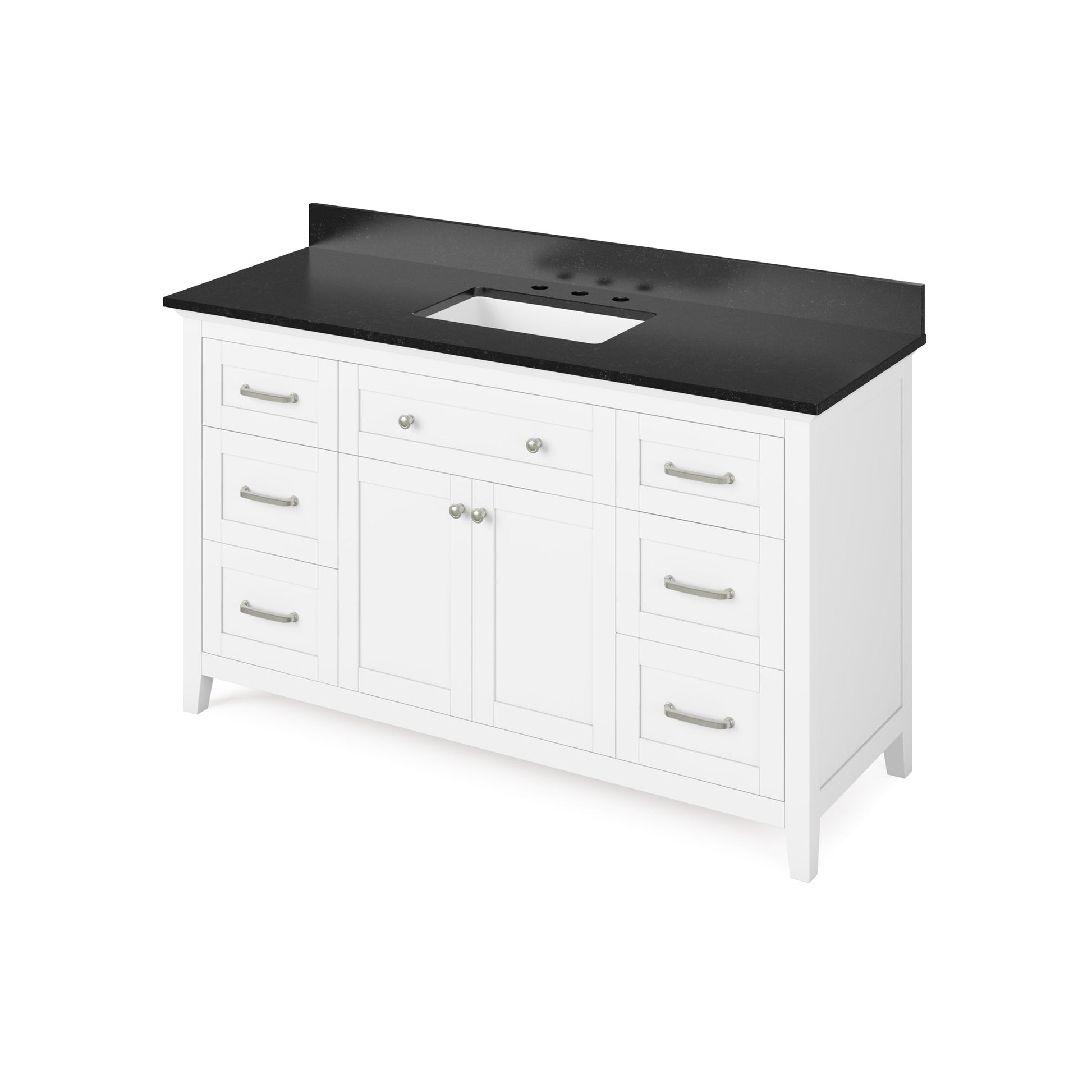 Hardware Resources Jeffrey Alexander Chatham 60" White Freestanding Vanity With Black Granite Vanity Top, Backsplash and Rectangle Undermount Sink