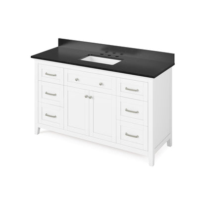 Hardware Resources Jeffrey Alexander Chatham 60" White Freestanding Vanity With Black Granite Vanity Top, Backsplash and Rectangle Undermount Sink