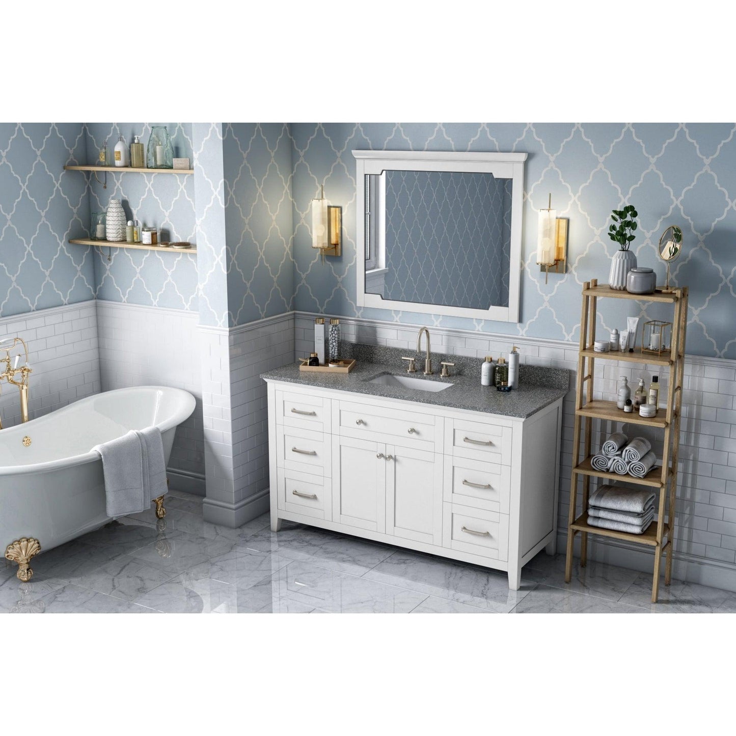 Hardware Resources Jeffrey Alexander Chatham 60" White Freestanding Vanity With Boulder Cultured Marble Vanity Top, Backsplash and Rectangle Undermount Sink