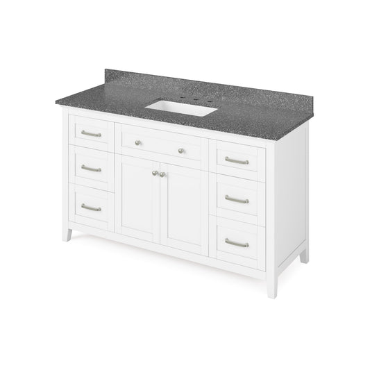 Hardware Resources Jeffrey Alexander Chatham 60" White Freestanding Vanity With Boulder Cultured Marble Vanity Top, Backsplash and Rectangle Undermount Sink