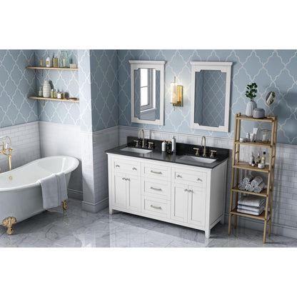 Hardware Resources Jeffrey Alexander Chatham 60" White Freestanding Vanity With Double Bowl, Black Granite Vanity Top, Backsplash and Rectangle Undermount Sink