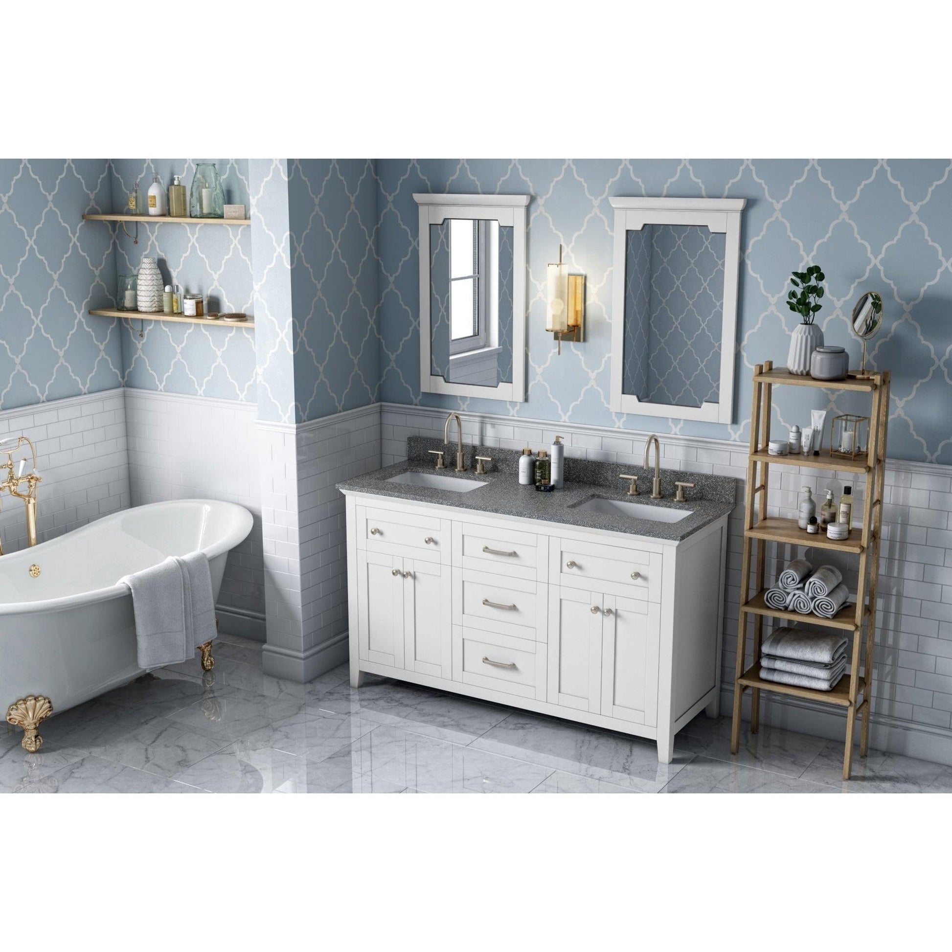 Hardware Resources Jeffrey Alexander Chatham 60" White Freestanding Vanity With Double Bowl, Boulder Cultured Marble Vanity Top, Backsplash and Rectangle Undermount Sink